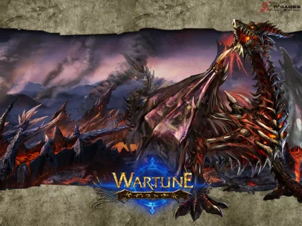 HD PC desktop wallpaper for the video game Wartune: a menacing skeletal dragon rising over a fiery battlefield with the Wartune logo at the bottom.