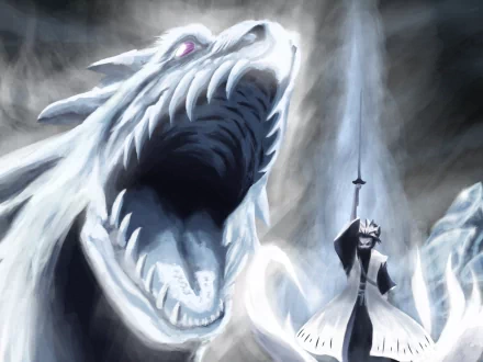 Tōshirō Hitsugaya from the anime Bleach stands triumphantly with a sword, accompanied by a fierce, ice-dragon backdrop, creating a striking HD desktop wallpaper.