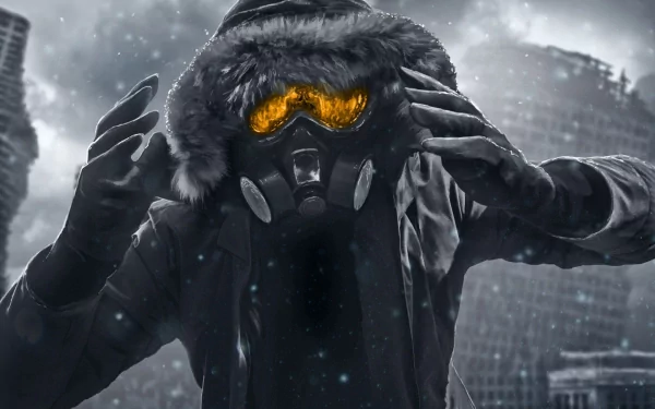 A dramatic scene from the comic Romantically Apocalyptic, featuring a masked figure with glowing orange eyes set against a desolate, snowy urban backdrop. HD desktop wallpaper.