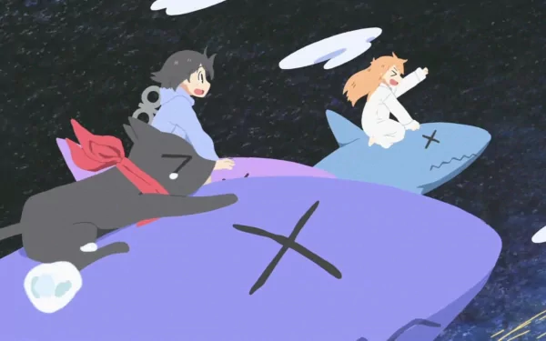 HD PC wallpaper featuring Hakase, Nano Shinonome, and Sakamoto from the anime Nichijō, depicted riding large whimsical sharks against a starry background.