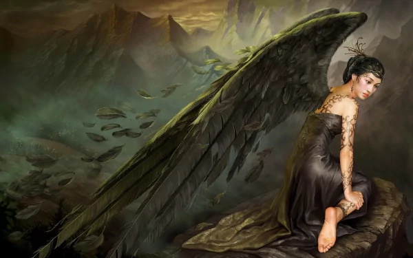 HD fantasy PC wallpaper depicting a dark-winged angel seated on a rock, surrounded by a mystical, shadowy atmosphere.