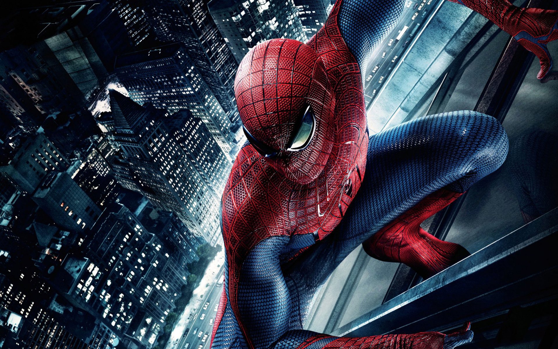 A vibrant HD wallpaper featuring Spider-Man from The Amazing Spider-Man, poised on a building against a nighttime cityscape, showcasing his iconic suit and dynamic pose.