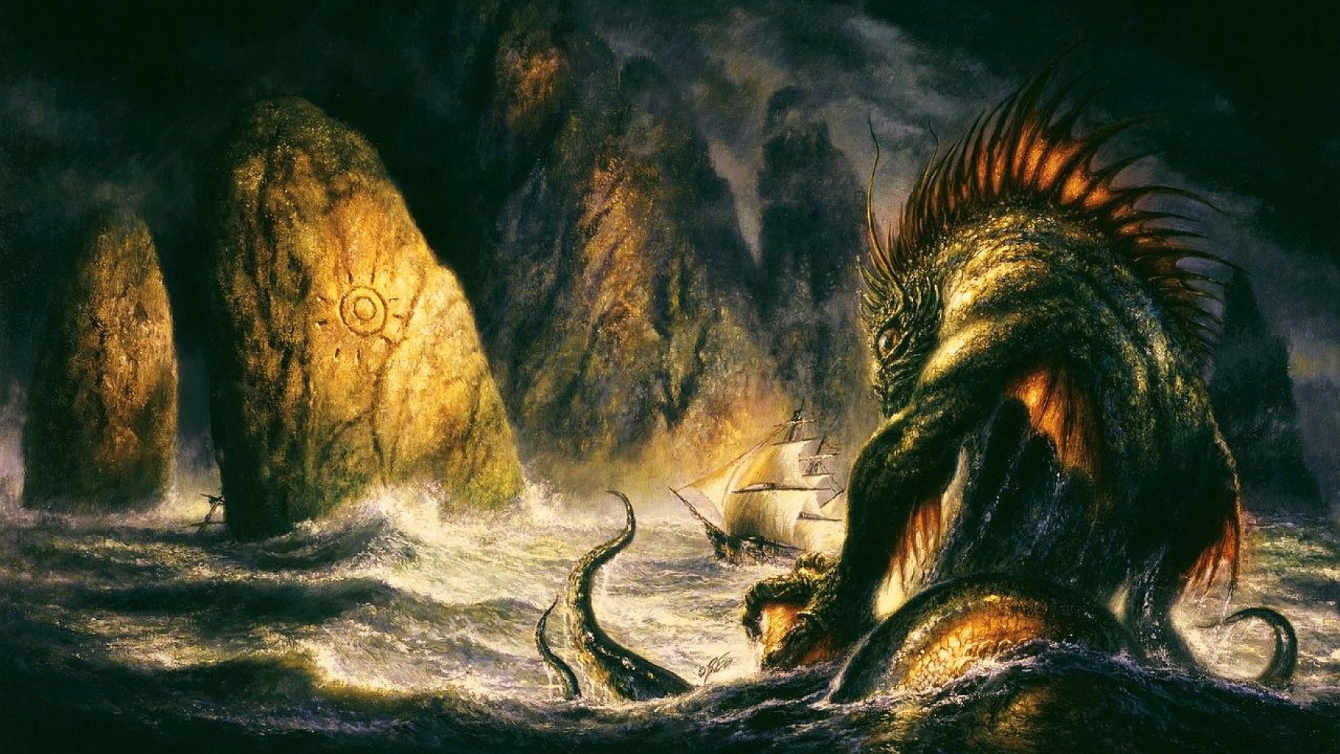 HD PC desktop wallpaper: a towering fantasy sea monster with tentacles and a glowing mane rises from stormy seas to menace a small sailing ship near rune-lit coastal rocks.