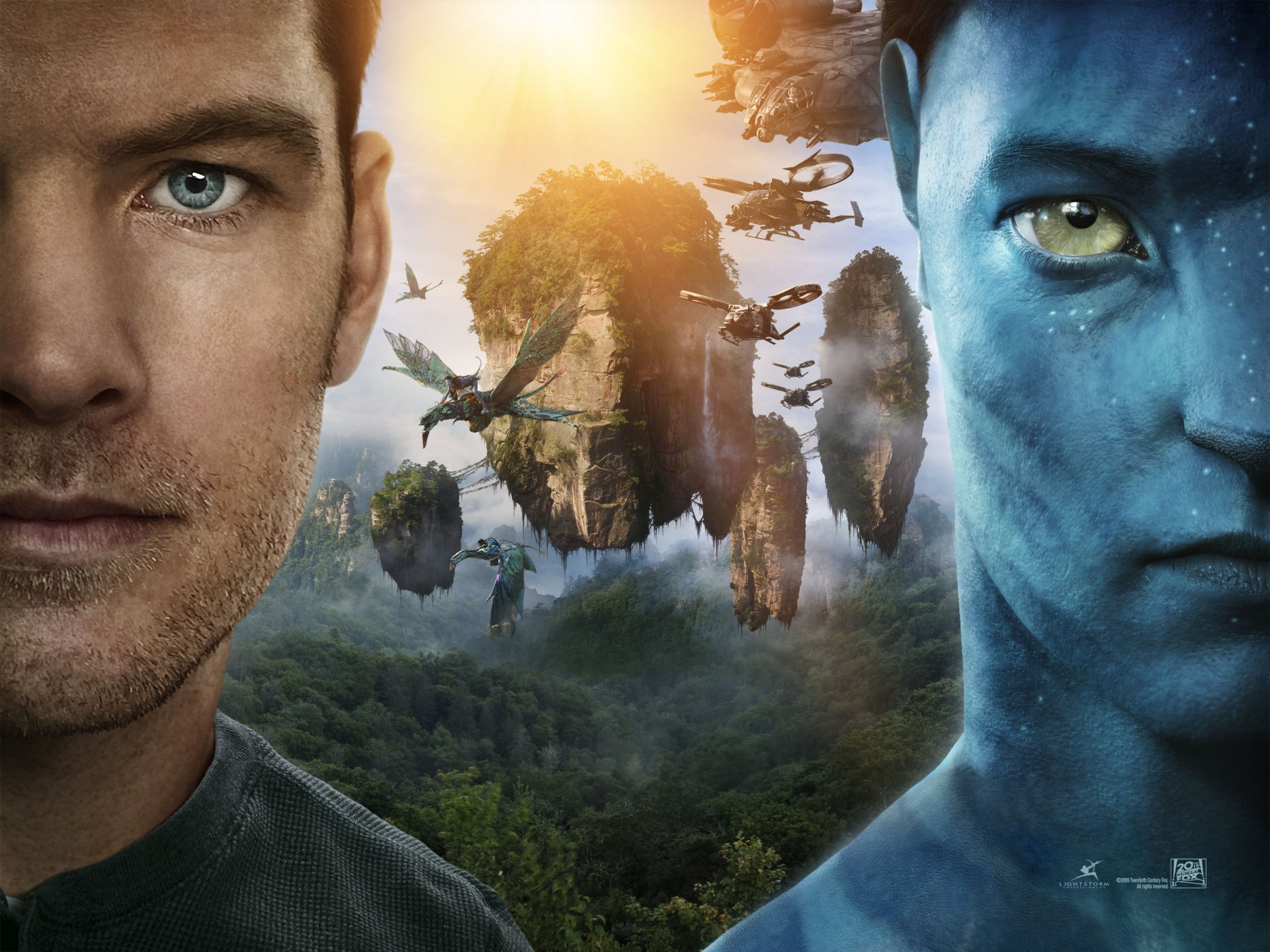 HD PC desktop wallpaper featuring Sam Worthington as Jake Sully from the movie Avatar, with floating mountains and flying creatures in the background.