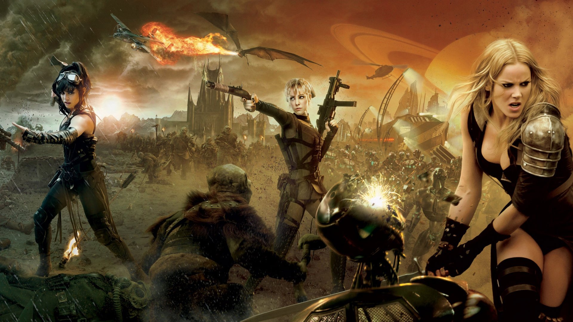 HD PC desktop wallpaper featuring Abbie Cornish, Jena Malone, Vanessa Hudgens, and Sweet Pea from the movie Sucker Punch in an intense battle scene.