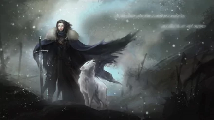 A HD desktop wallpaper showcasing a character from the TV show Game of Thrones standing beside a white wolf in a snowy landscape, with a dramatic and atmospheric background.
