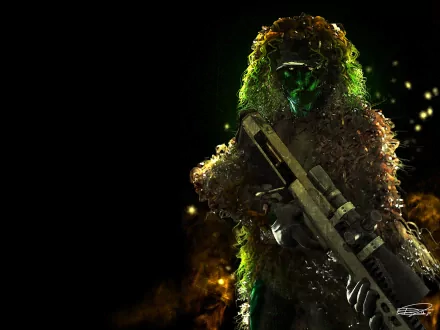 A high-definition wallpaper featuring a marine sniper in camouflage gear, holding a sniper rifle and standing against a dark background with green hues.