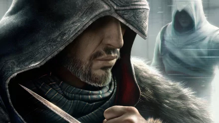 HD PC desktop wallpaper featuring a close-up of the hooded protagonist from the video game Assassin's Creed: Revelations.