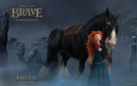 HD PC desktop wallpaper featuring Merida and Angus from the Disney Pixar movie Brave, with a misty stone circle background and movie title details.