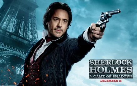 Robert Downey Jr. as Sherlock Holmes in a dramatic pose, wielding a gun against a backdrop of the Eiffel Tower, promoting the movie Sherlock Holmes: A Game of Shadows.
