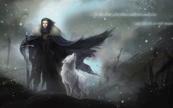 A HD desktop wallpaper showcasing a character from the TV show Game of Thrones standing beside a white wolf in a snowy landscape, with a dramatic and atmospheric background.