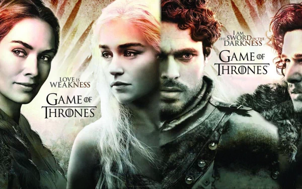 HD wallpaper featuring Cersei Lannister and Daenerys Targaryen, alongside Jon Snow and Robb Stark, highlighting key characters from the TV show Game of Thrones.
