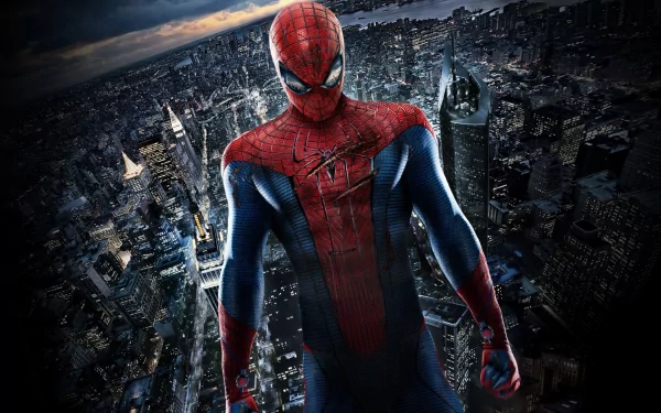 HD wallpaper featuring Spider-Man from The Amazing Spider-Man movie, standing over a bustling cityscape at dusk.