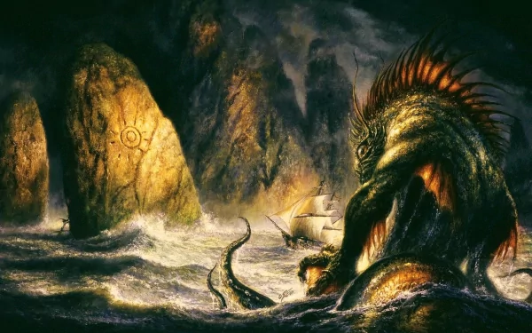 HD PC desktop wallpaper: a towering fantasy sea monster with tentacles and a glowing mane rises from stormy seas to menace a small sailing ship near rune-lit coastal rocks.