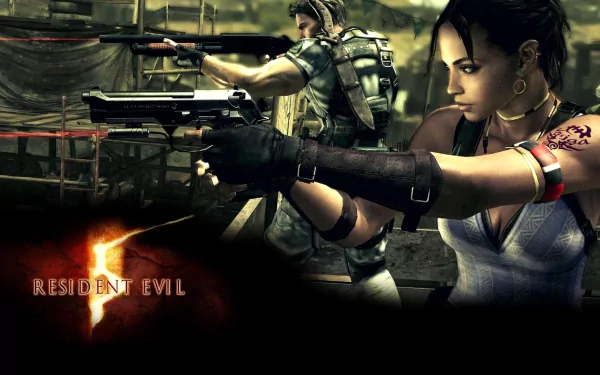 HD PC desktop wallpaper featuring characters from the video game Resident Evil 5 in an action-packed scene with guns drawn and the Resident Evil 5 logo displayed.