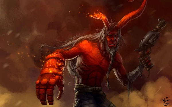 A striking HD wallpaper featuring a fierce Hellboy character, showcasing his fiery red skin, impressive horns, and powerful arm with lava details, all set against a dramatic smoky background.
