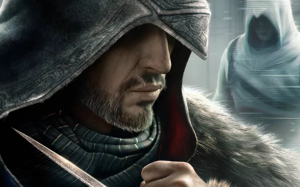 HD PC desktop wallpaper featuring a close-up of the hooded protagonist from the video game Assassin's Creed: Revelations.