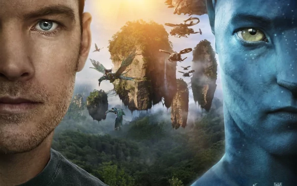 HD PC desktop wallpaper featuring Sam Worthington as Jake Sully from the movie Avatar, with floating mountains and flying creatures in the background.