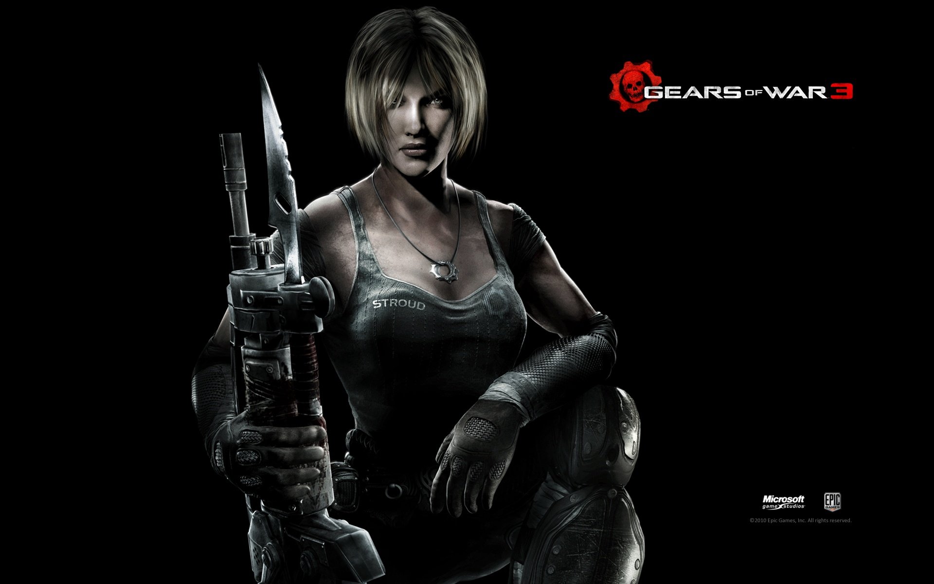 HD PC desktop wallpaper featuring a character from the video game Gears of War 3 holding a weapon against a dark background with the game logo.
