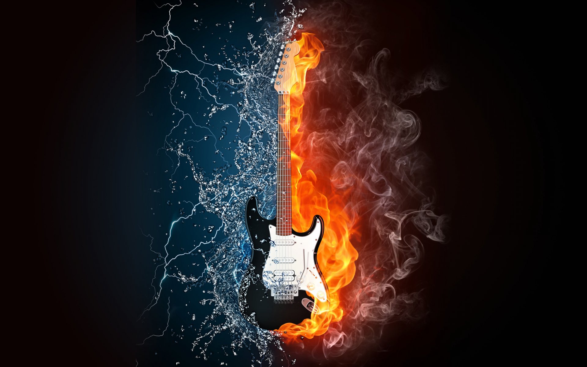 HD PC desktop wallpaper featuring an artistic electric guitar with contrasting blue lightning and fiery flames, blending music and dynamic visual elements.