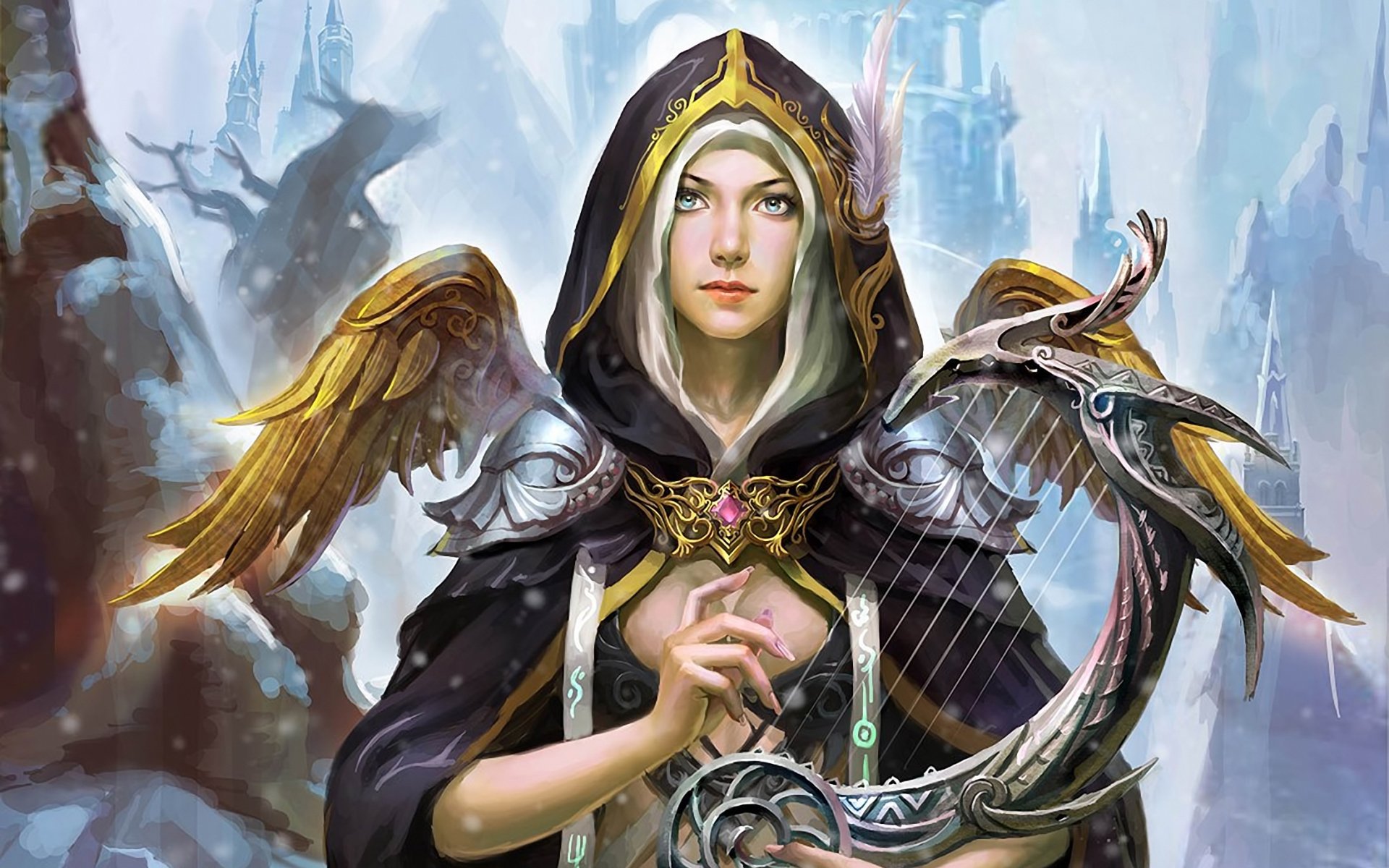 A fantasy-themed HD wallpaper featuring a woman in a dark cloak with golden wings, holding a lyre, set against an enchanted backdrop of distant castles and ethereal landscapes.