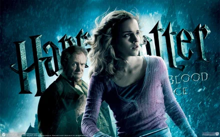 HD wallpaper featuring Emma Watson as Hermione Granger from the movie Harry Potter and the Half-Blood Prince, set against a magical and mysterious backdrop.