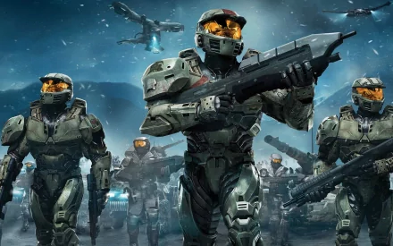 Halo Wars video game HD PC desktop wallpaper/background: Spartans in green armor advance with rifles across a snowy battlefield beneath aircraft.