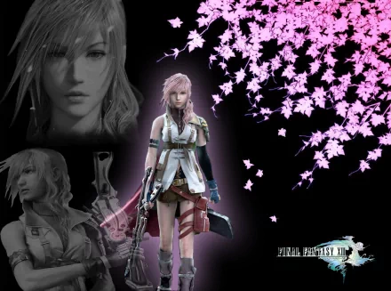 HD desktop wallpaper featuring Claire Farron, also known as Lightning from Final Fantasy XIII, with a dynamic pose and stylized pink cherry blossom petals on a black background.