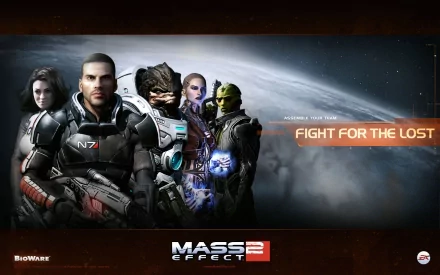 HD Mass Effect 2 desktop wallpaper features Commander Shepard, Thane Krios, Jack, Grunt, and Miranda Lawson with the tagline Fight for the Lost set against a space backdrop.