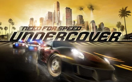 A vibrant HD wallpaper featuring a sleek car from the video game Need For Speed: Undercover, racing through a cityscape with police cars in pursuit against a sunset backdrop.