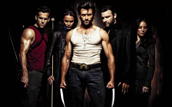 HD desktop wallpaper of characters including Logan James Howlett, Gambit, Sabretooth, Wade Wilson, and Wolverine from the movie X-Men Origins: Wolverine, featuring Hugh Jackman in a central role.