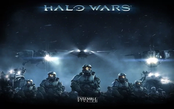 A high-definition wallpaper featuring a group of soldiers from the video game Halo Wars, set against a dark backdrop with spacecraft illuminated in the background.