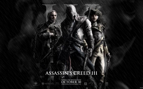 HD desktop wallpaper featuring Connor from Assassin's Creed III, showcasing a dramatic scene with characters set against a dark, rain-soaked background.