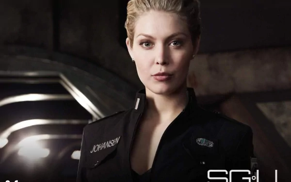 HD desktop wallpaper featuring Alaina Huffman as Tamara Johansen from the TV show Stargate Universe in a dark, sci-fi setting.