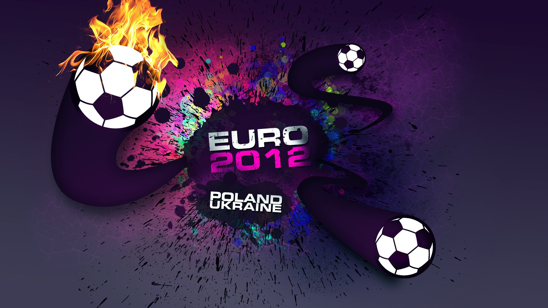 HD PC desktop wallpaper featuring UEFA Euro 2012 with flaming and standard soccer balls, vibrant color splashes, and text highlighting Poland and Ukraine as hosts.