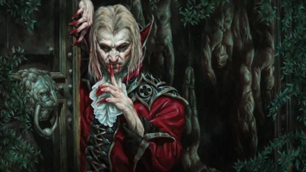 A striking HD wallpaper featuring a vampire in a dark, atmospheric setting, adorned in a crimson cloak, exuding a sense of mystery and fantasy with haunting details.