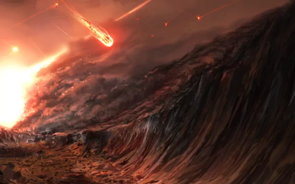 A dramatic HD sci-fi wallpaper featuring an apocalyptic scene, with fiery meteors streaking across a dark sky above turbulent waves and a rugged landscape.