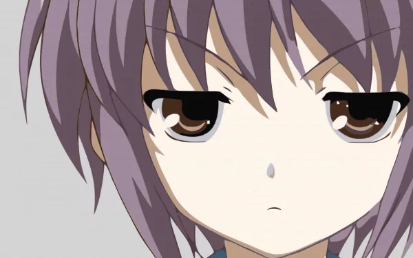 Close-up HD anime wallpaper of Yuki Nagato from The Melancholy of Haruhi Suzumiya, featuring her calm and serious expression.