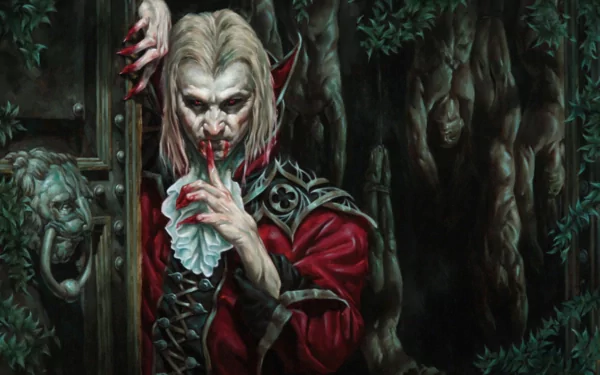 A striking HD wallpaper featuring a vampire in a dark, atmospheric setting, adorned in a crimson cloak, exuding a sense of mystery and fantasy with haunting details.