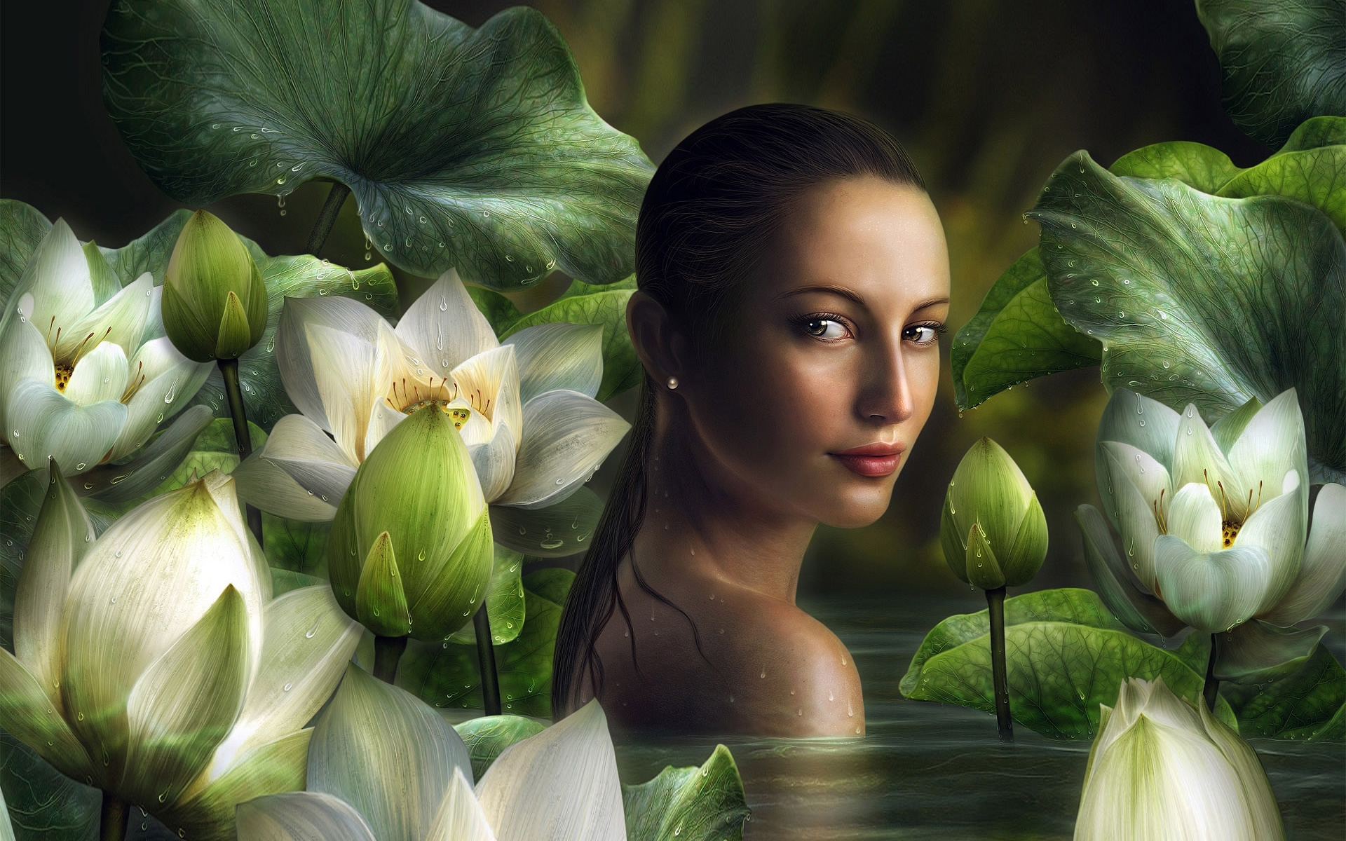 Download Flower White Lotus Pond Fantasy Woman Hd Wallpaper