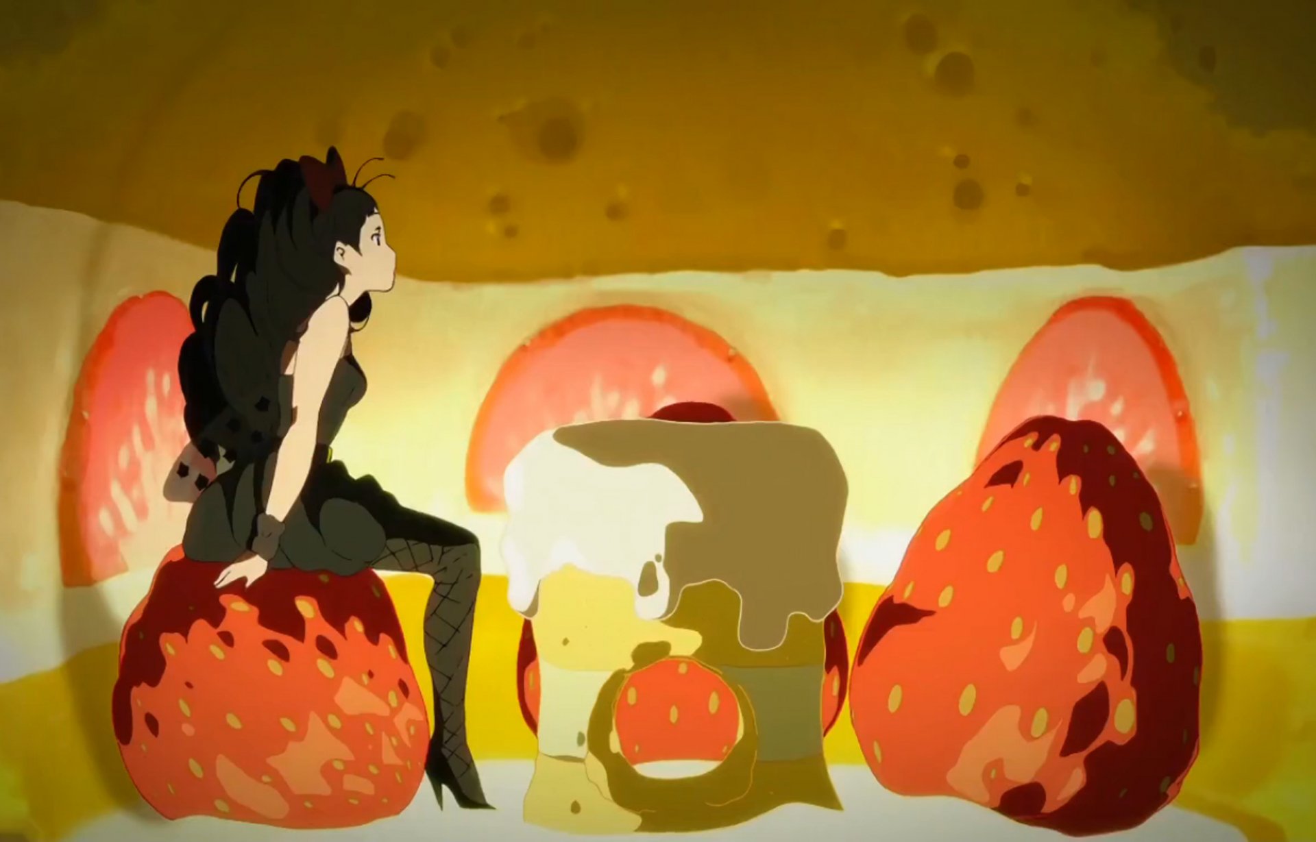 Mio Akiyama from K-ON! anime in an HD PC desktop wallpaper/background: sitting in a dessert landscape with giant strawberries and cake, wearing a black outfit.