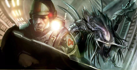 HD desktop wallpaper featuring a futuristic soldier and a menacing Predalien Xenomorph from the Sci-Fi Predator series, set in a dramatic and intense scene.