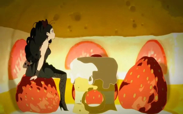 Mio Akiyama from K-ON! anime in an HD PC desktop wallpaper/background: sitting in a dessert landscape with giant strawberries and cake, wearing a black outfit.