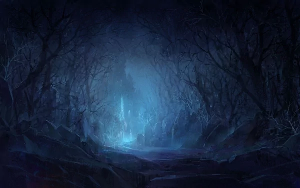 HD desktop wallpaper featuring a mysterious, fantasy forest at night with ominous, leafless trees and a glowing, ethereal blue light illuminating a path.