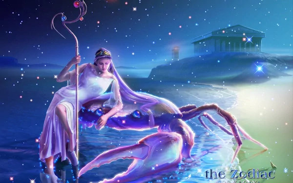 HD fantasy PC desktop wallpaper featuring a mystical zodiac crab under a starry night sky near serene waters and an ancient temple.