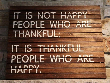 A motivational HD desktop wallpaper featuring the quote: It is not happy people who are thankful. It is thankful people who are happy. on a rustic wooden background.