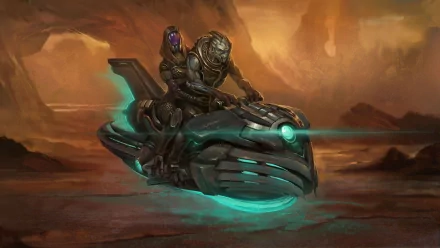 HD PC desktop wallpaper featuring Mass Effect characters Garrus Vakarian and Tali'Zorah riding a futuristic hoverbike across a desert landscape.