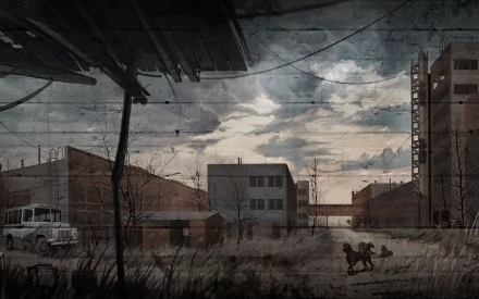 HD PC desktop wallpaper featuring a dark, post-apocalyptic scene from the video game S.T.A.L.K.E.R., with abandoned buildings under a cloudy sky.