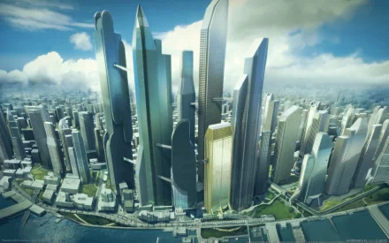 Futuristic city skyline from the video game Champions Online — a 2K Quad HD PC desktop wallpaper background showcasing gleaming skyscrapers along a waterfront under blue skies.