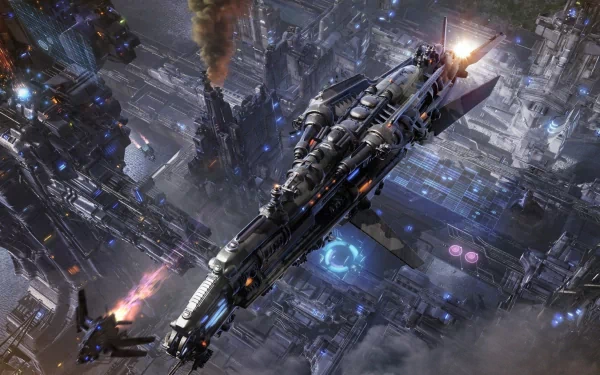 A high-definition Sci-Fi desktop wallpaper featuring a detailed spaceship navigating through an advanced futuristic cityscape.
